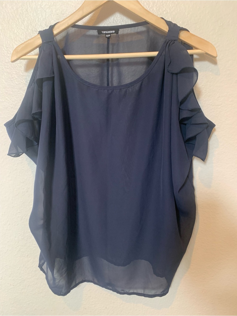 Tangerine Navy Cold-Shoulder Ruffle Top